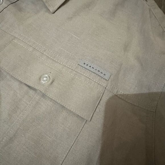 Sean John Mens Beige Linen Blend Short Sleeve Shoulder Strap Accents Pockets 4XL - Picture 3 of 8